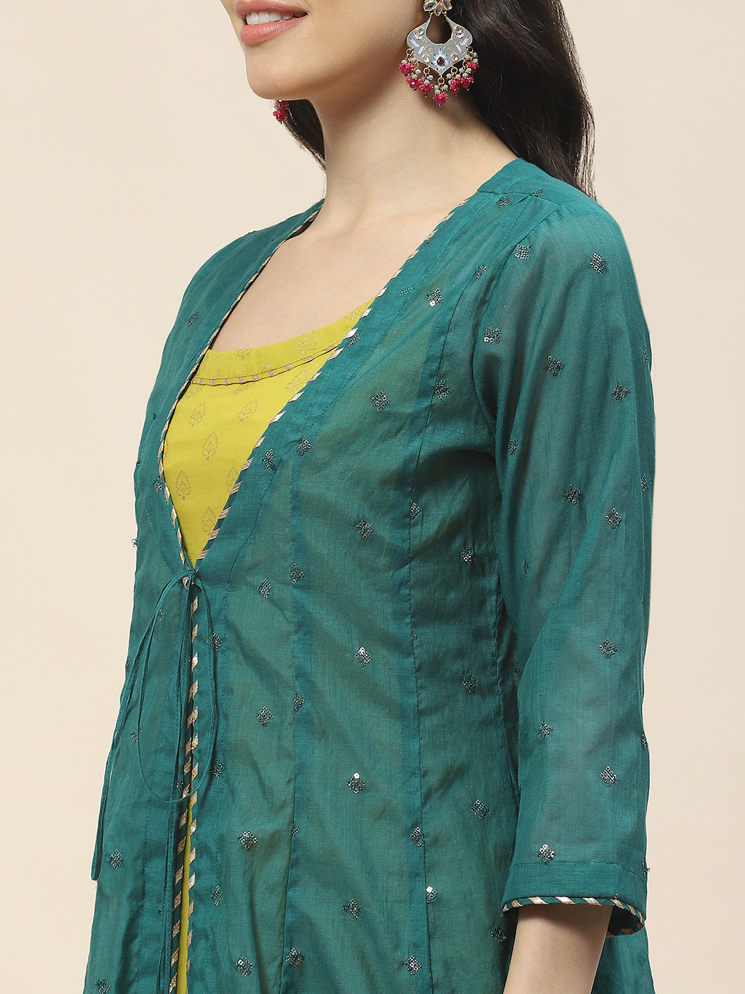 Embroidered Chanderi Kurta With Cape &amp; Pants