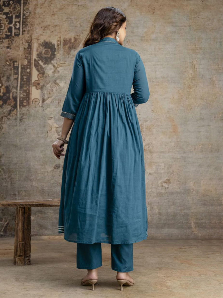 Blue Cotton Blend Embroidered Straight Suit Set