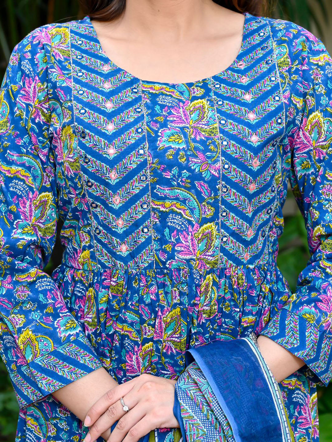 Floral Printed Cotton Kurta With Pants &amp; Dupatta