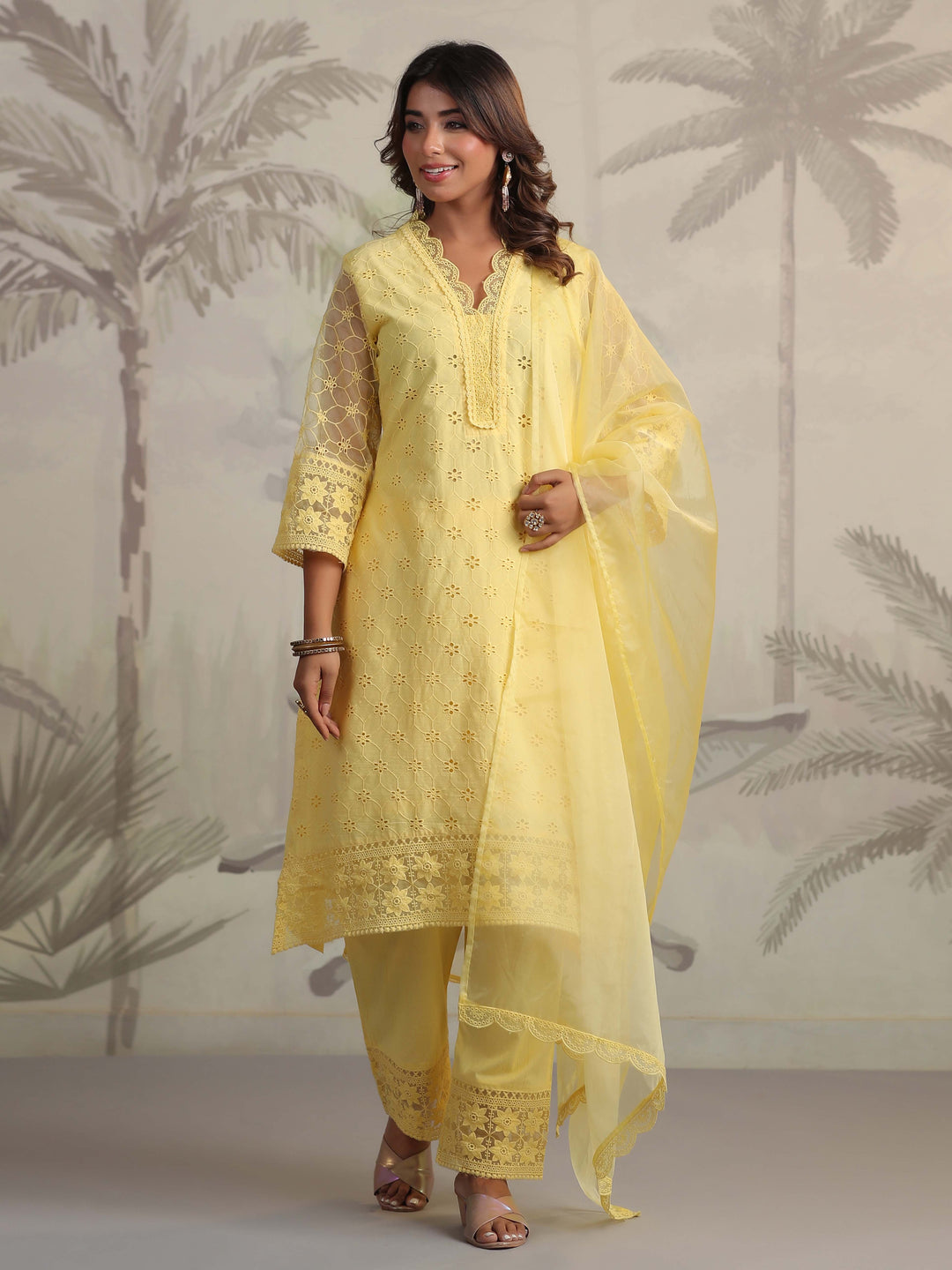 Schiffli Embroidery Kurta With Pants &amp; Dupatta