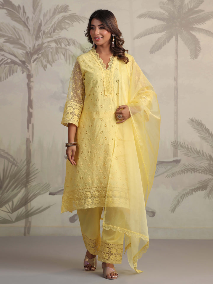 Schiffli Embroidery Kurta With Pants &amp; Dupatta