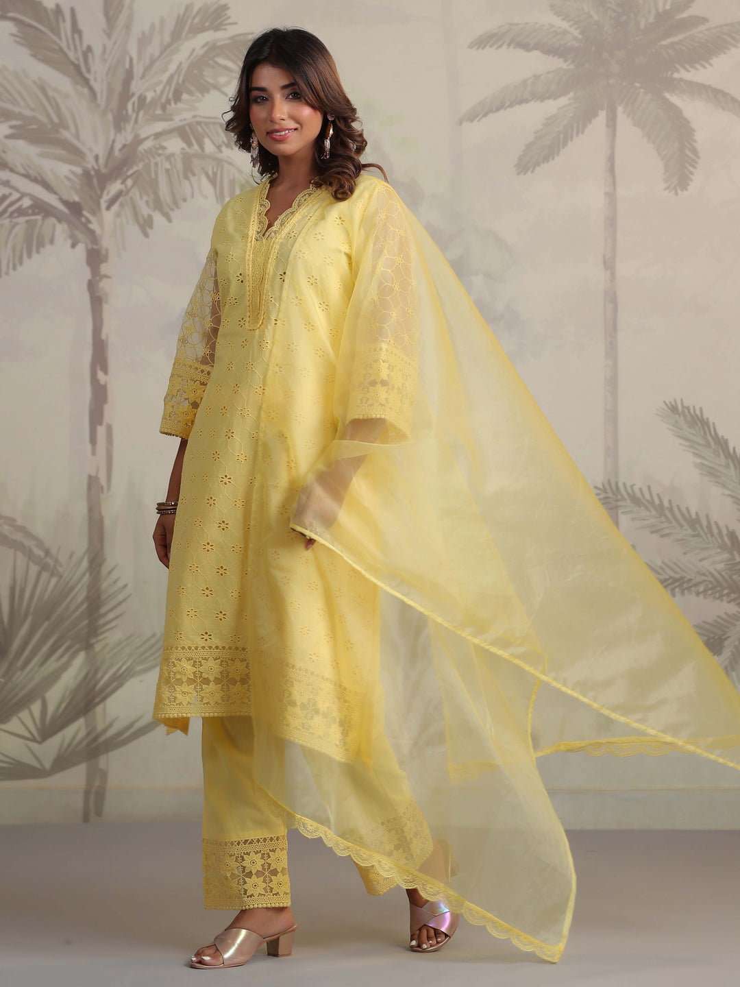 Schiffli Embroidery Kurta With Pants &amp; Dupatta
