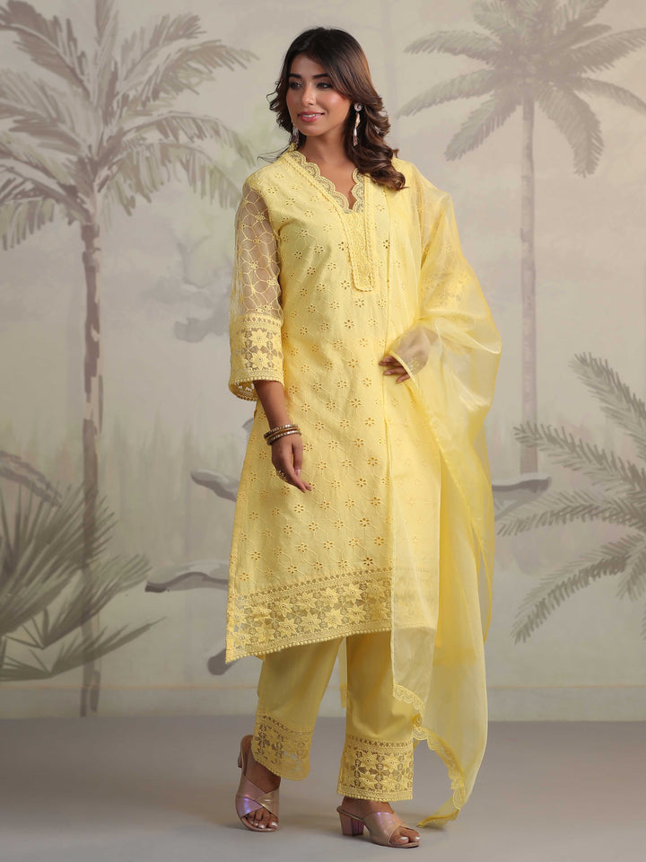 Schiffli Embroidery Kurta With Pants &amp; Dupatta
