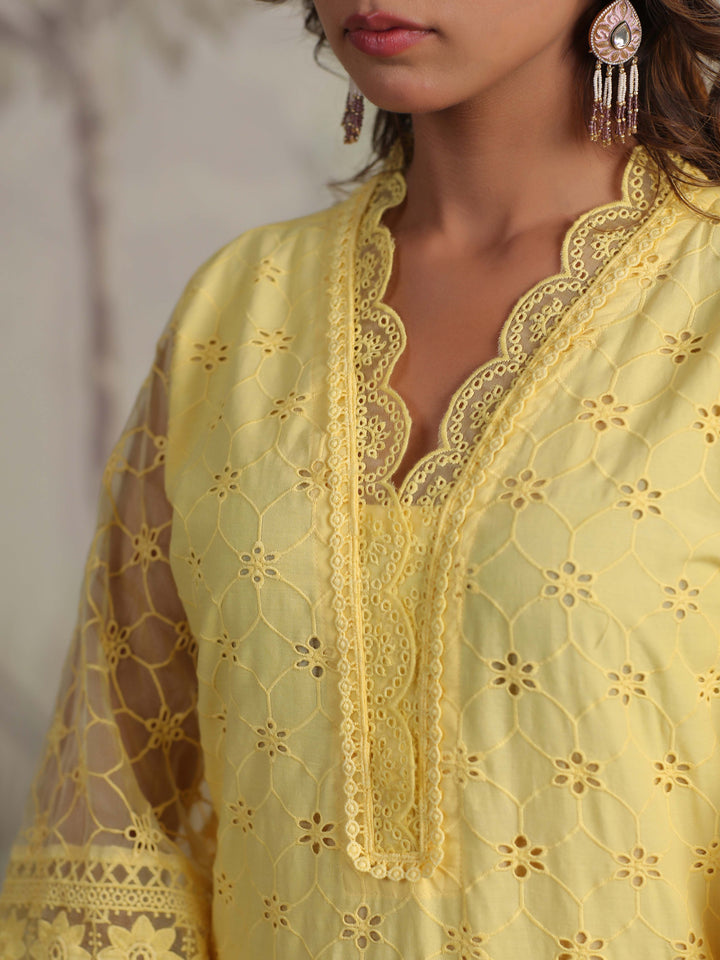 Schiffli Embroidery Kurta With Pants &amp; Dupatta