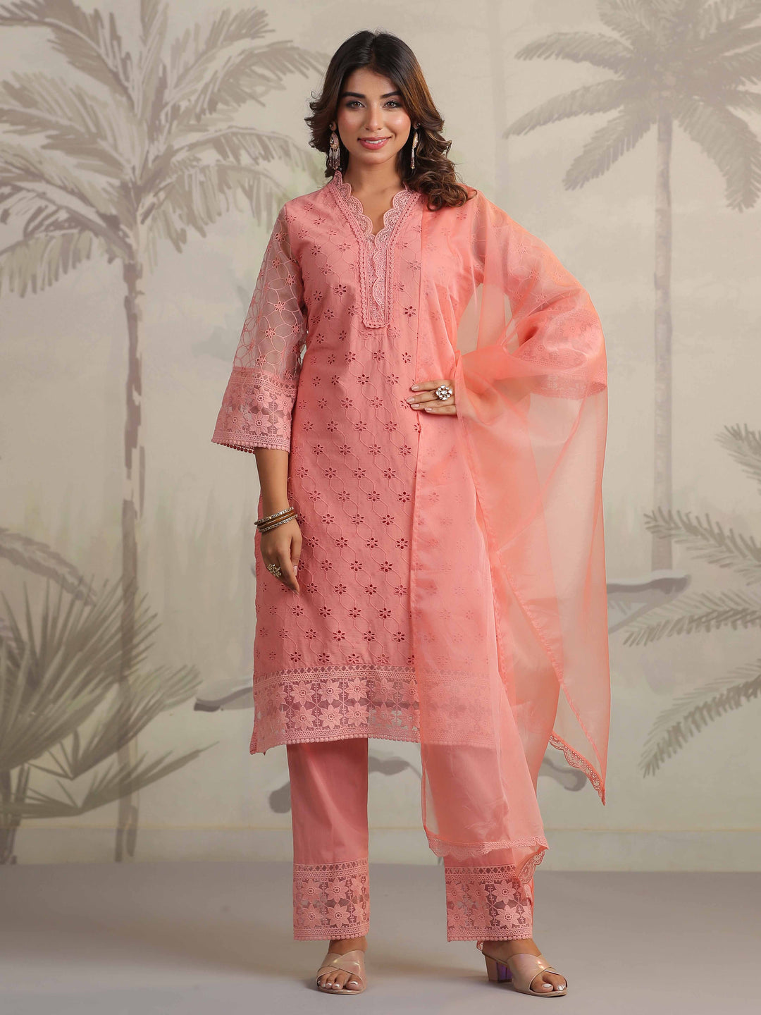 Schiffli Embroidery Kurta With Pants &amp; Dupatta