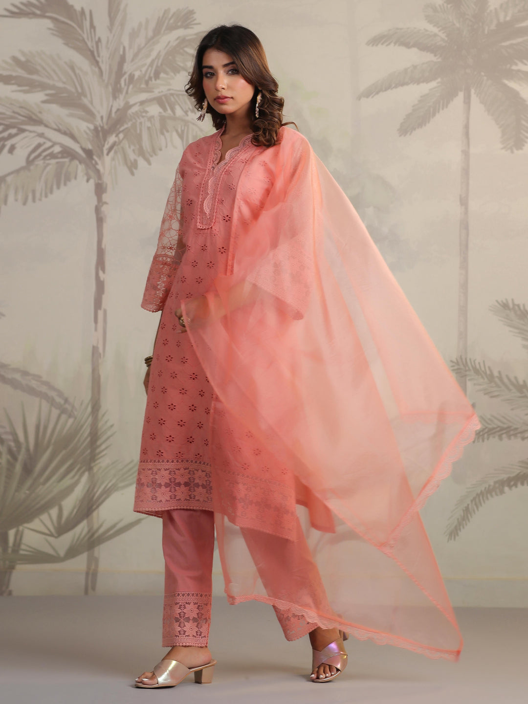 Schiffli Embroidery Kurta With Pants &amp; Dupatta