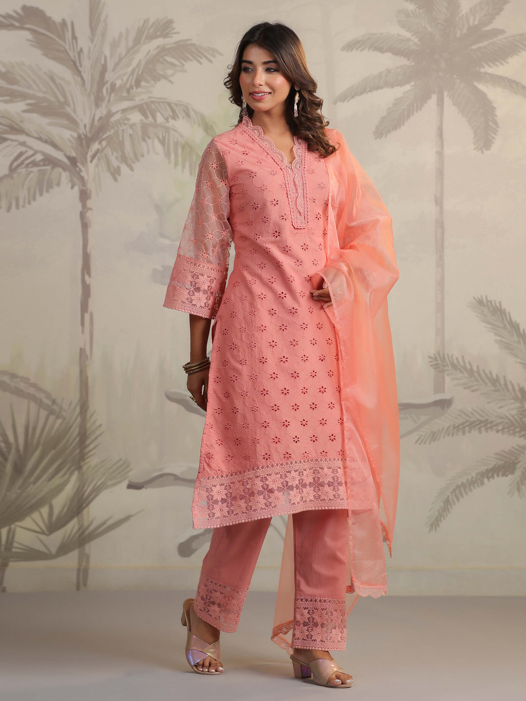 Schiffli Embroidery Kurta With Pants &amp; Dupatta