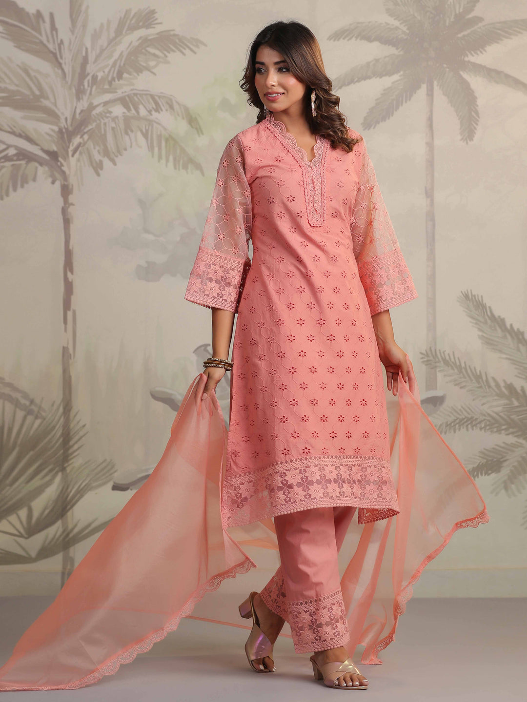 Schiffli Embroidery Kurta With Pants &amp; Dupatta