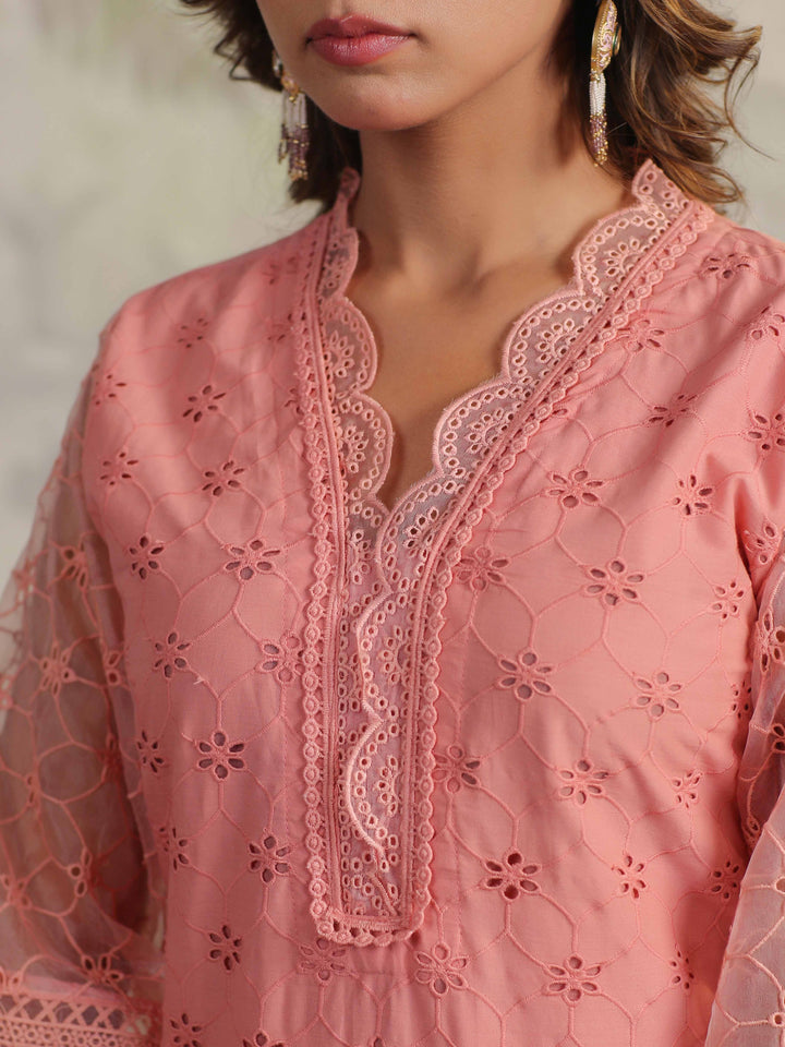 Schiffli Embroidery Kurta With Pants &amp; Dupatta