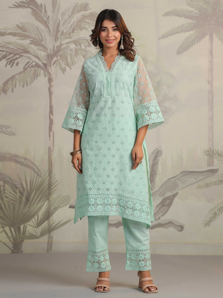 Schiffli Embroidery Kurta With Pants &amp; Dupatta