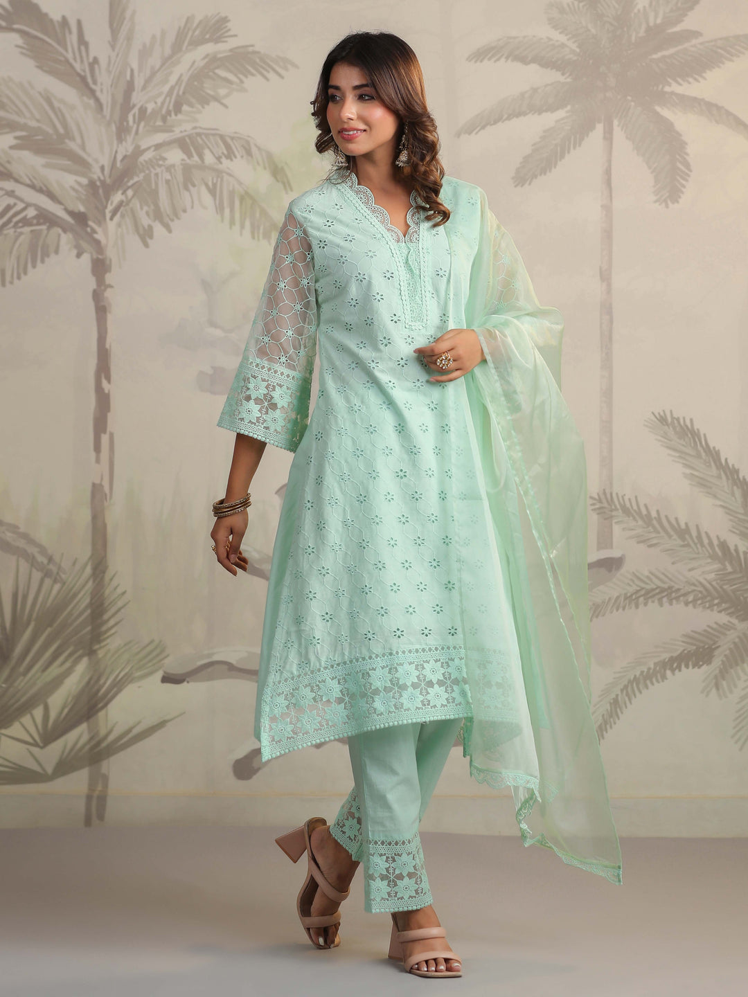 Schiffli Embroidery Kurta With Pants &amp; Dupatta