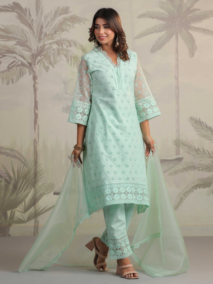 Schiffli Embroidery Kurta With Pants &amp; Dupatta
