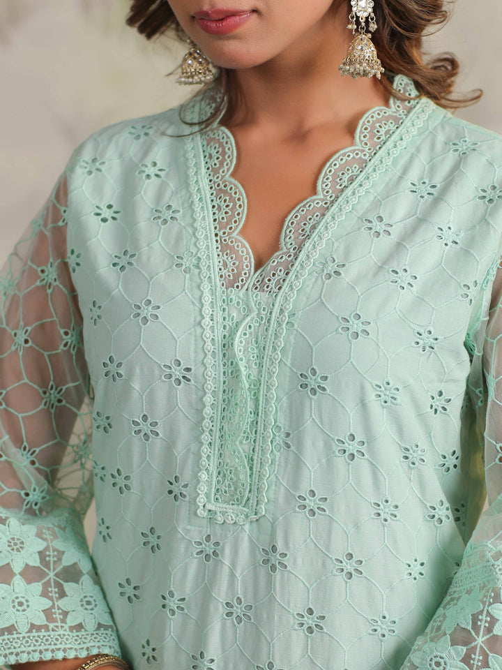 Schiffli Embroidery Kurta With Pants &amp; Dupatta