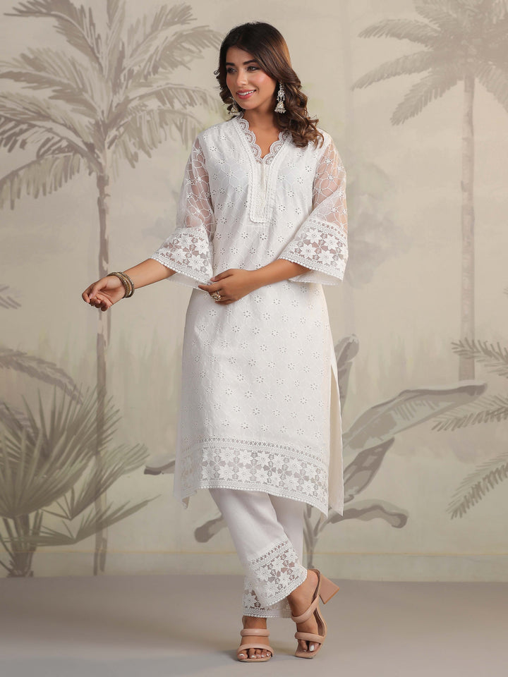Schiffli Embroidery Kurta With Pants &amp; Dupatta