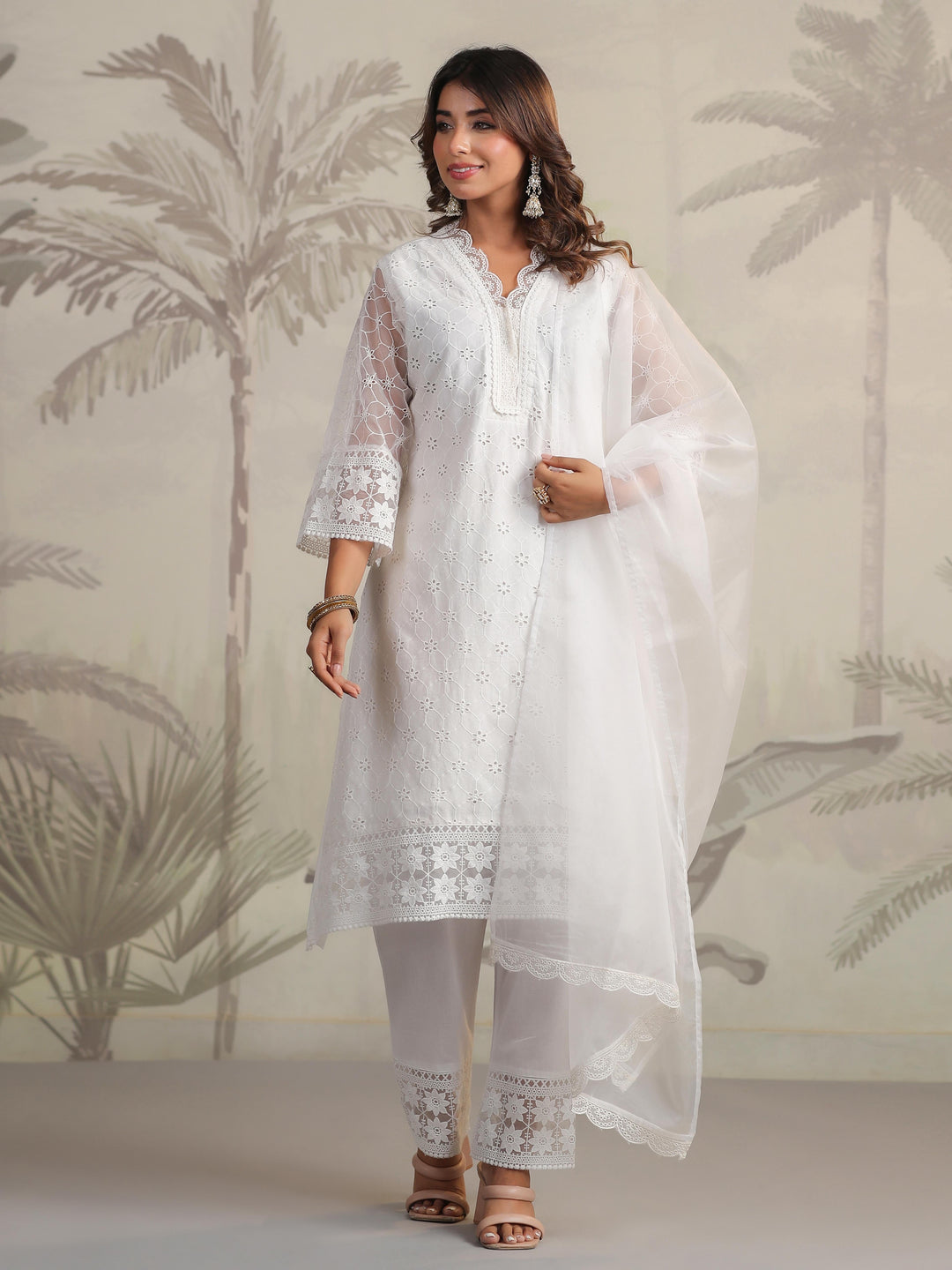Schiffli Embroidery Kurta With Pants &amp; Dupatta