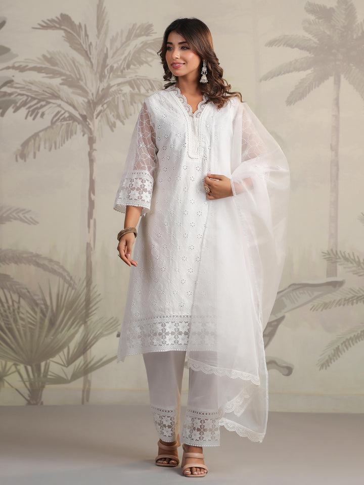 Schiffli Embroidery Kurta With Pants &amp; Dupatta