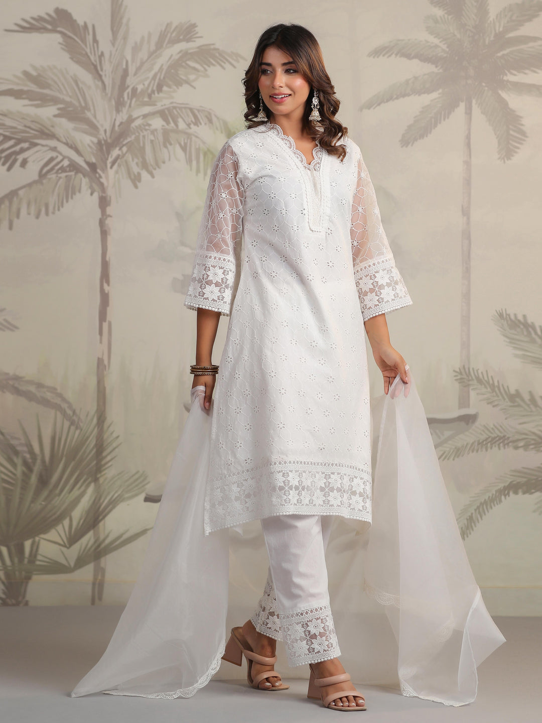 Schiffli Embroidery Kurta With Pants &amp; Dupatta