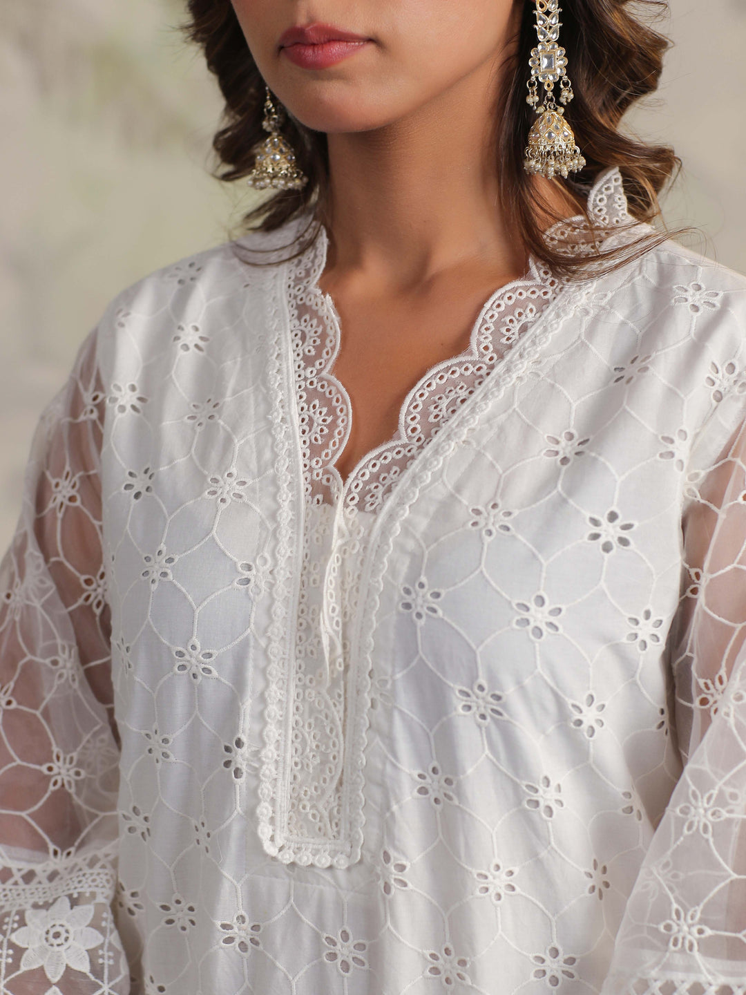 Schiffli Embroidery Kurta With Pants &amp; Dupatta