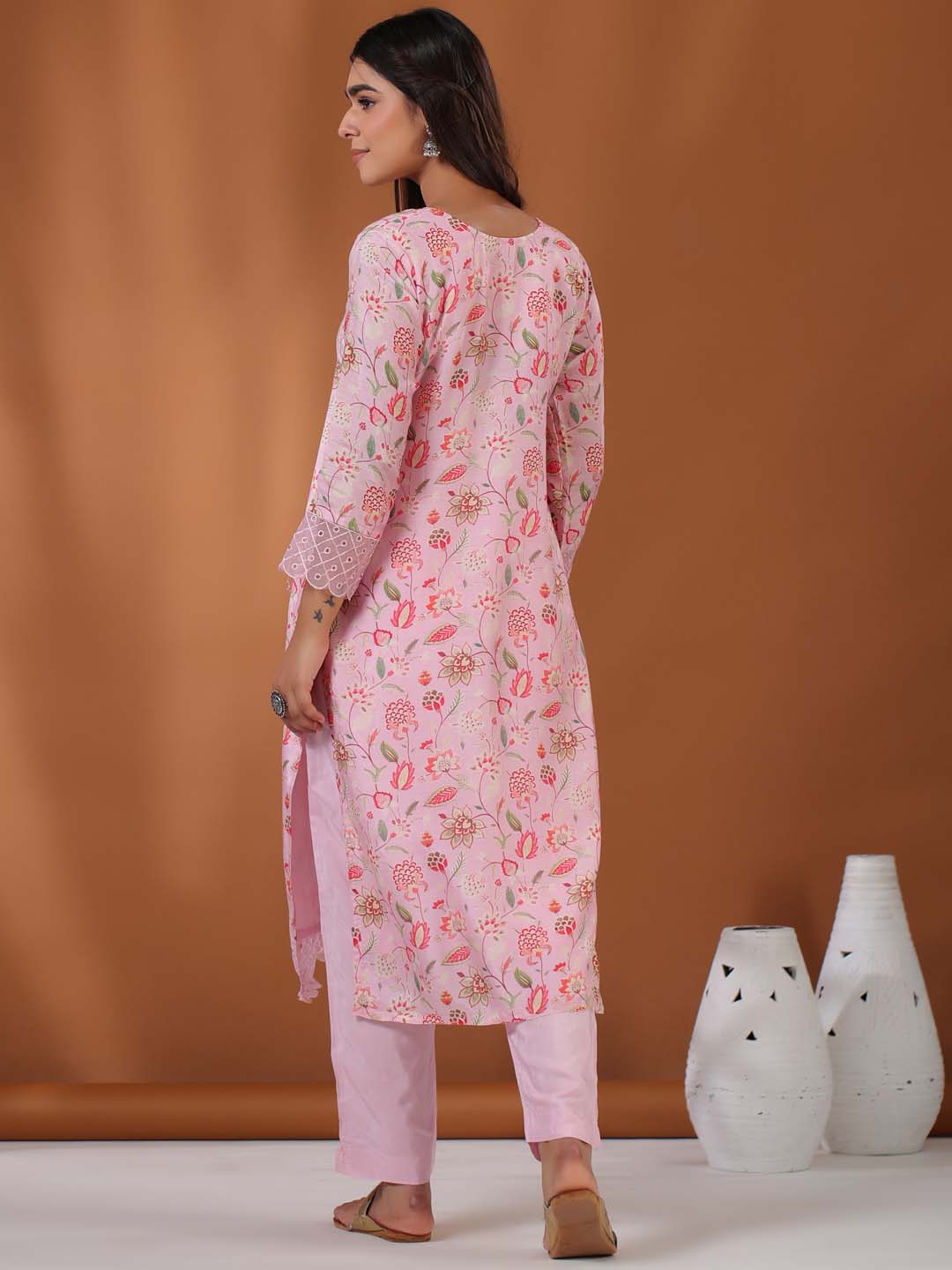 Floral Printed Cotton Kurta With Pants &amp; Dupatta