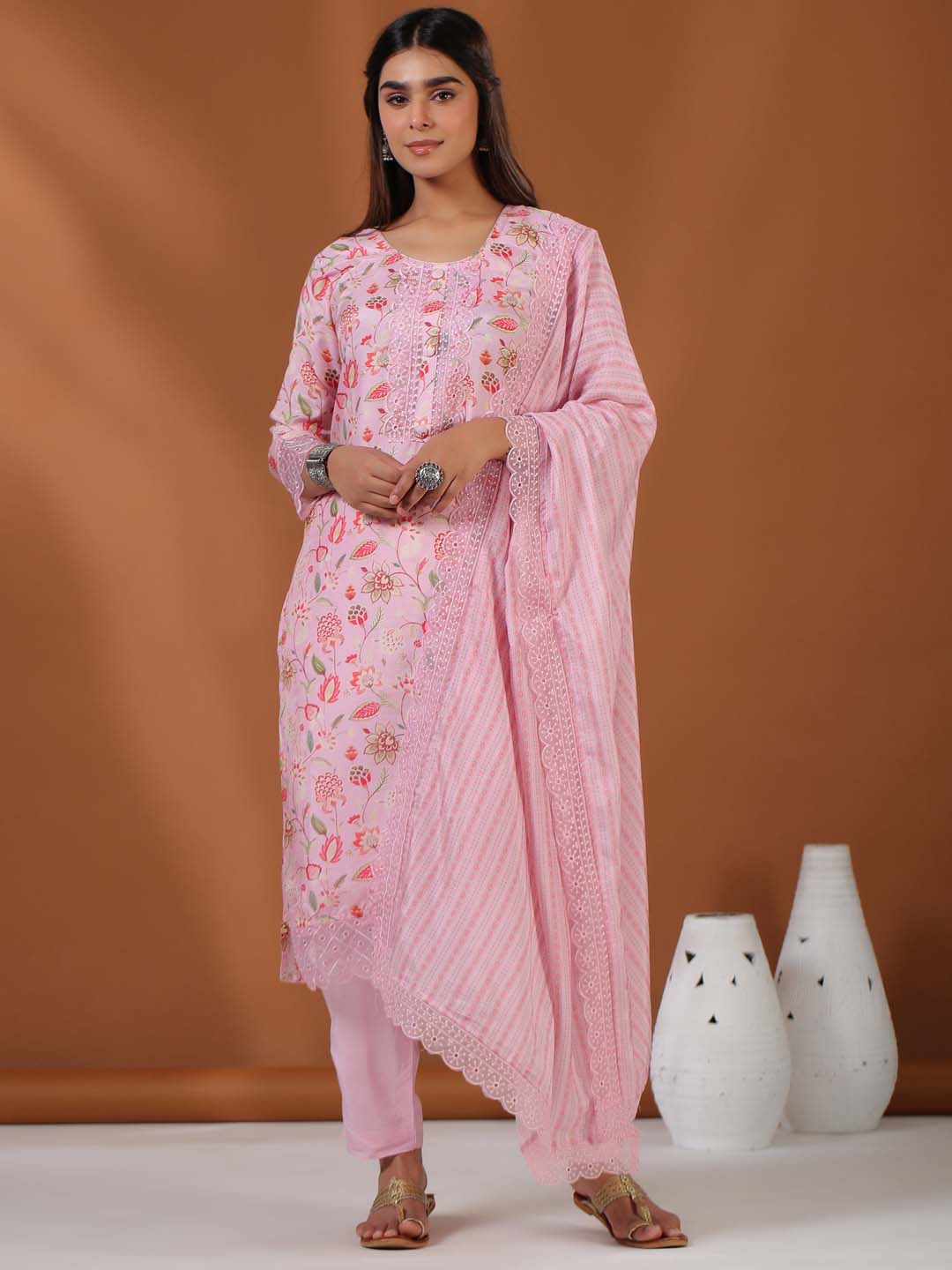 Floral Printed Cotton Kurta With Pants & Dupatta