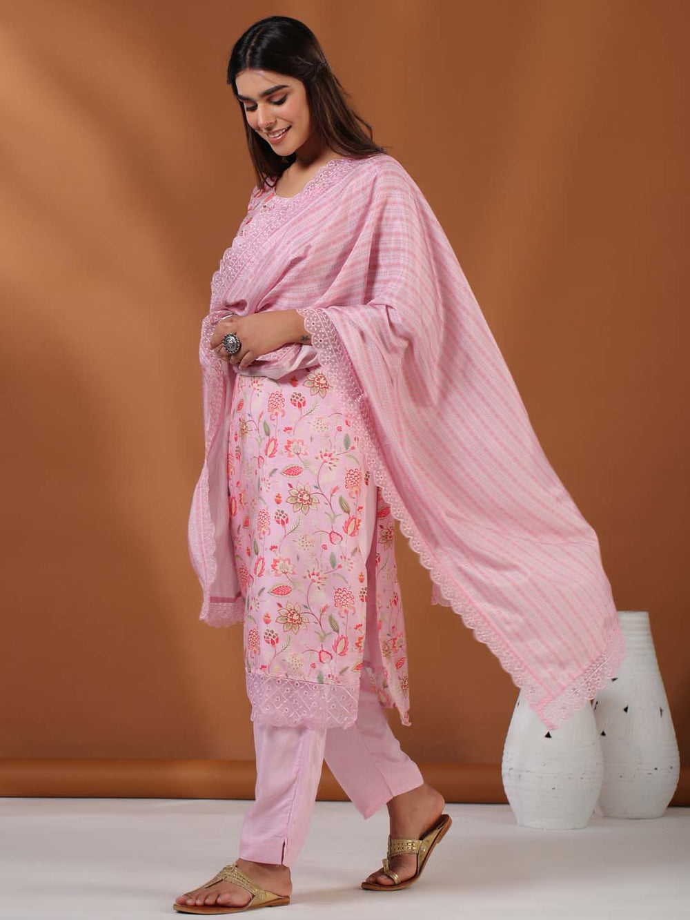 Floral Printed Cotton Kurta With Pants & Dupatta