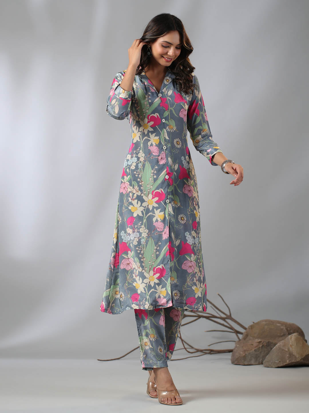 Floral Printed Crepe Kurta With Pants