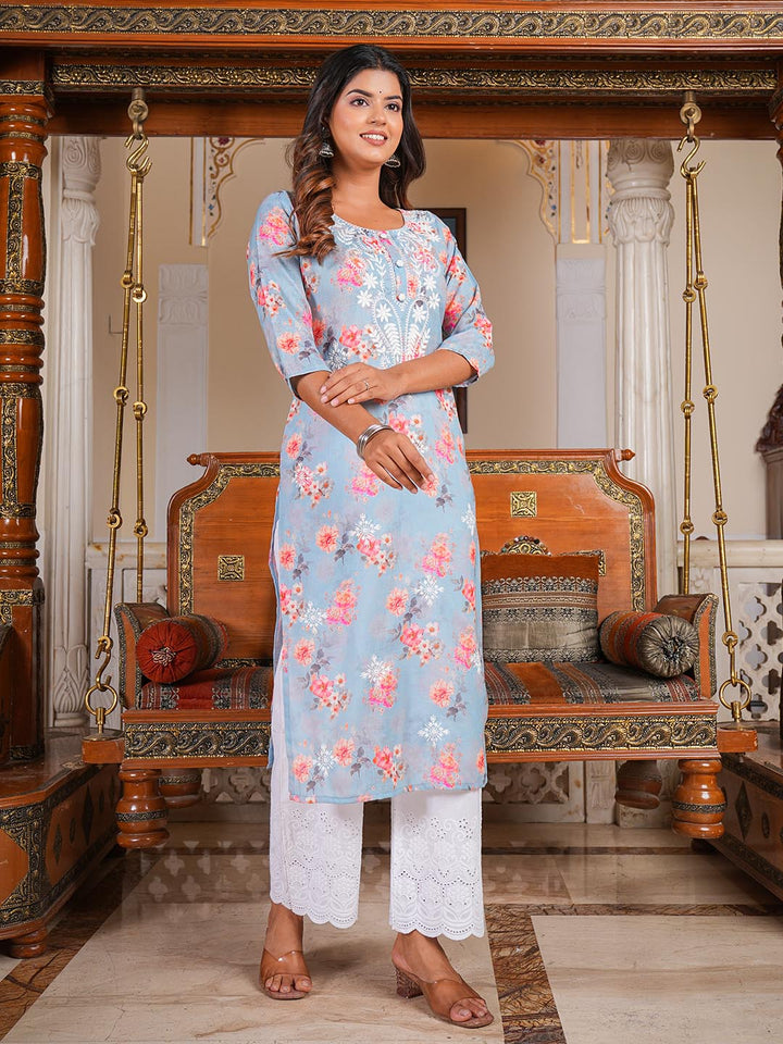 Printed &amp; Neck Embroidered Cotton Kurta With Pants