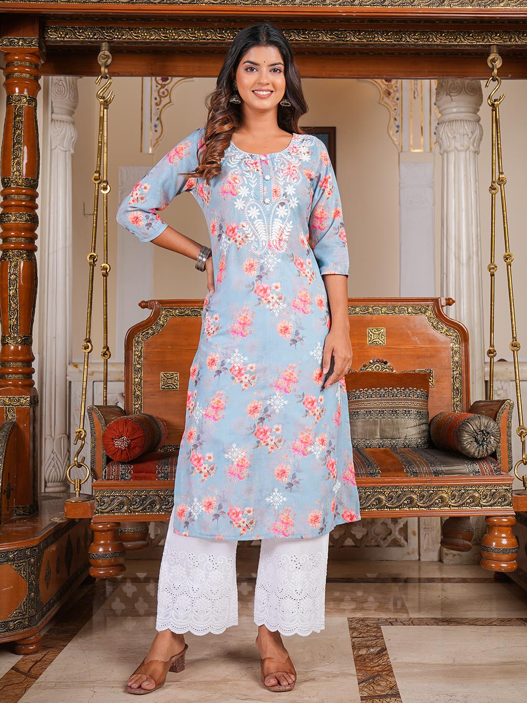 Printed &amp; Neck Embroidered Cotton Kurta With Pants