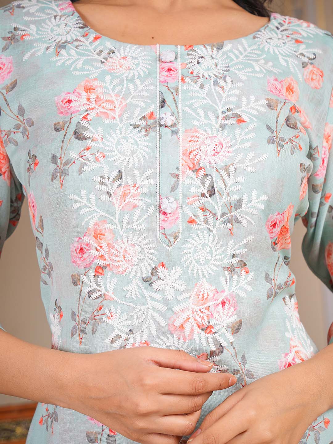 Printed &amp; Neck Embroidered Cotton Kurta With Pants
