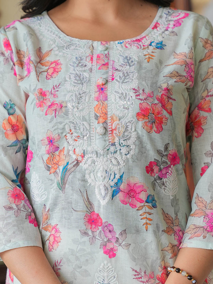 Printed &amp; Neck Embroidered Cotton Kurta With Pants