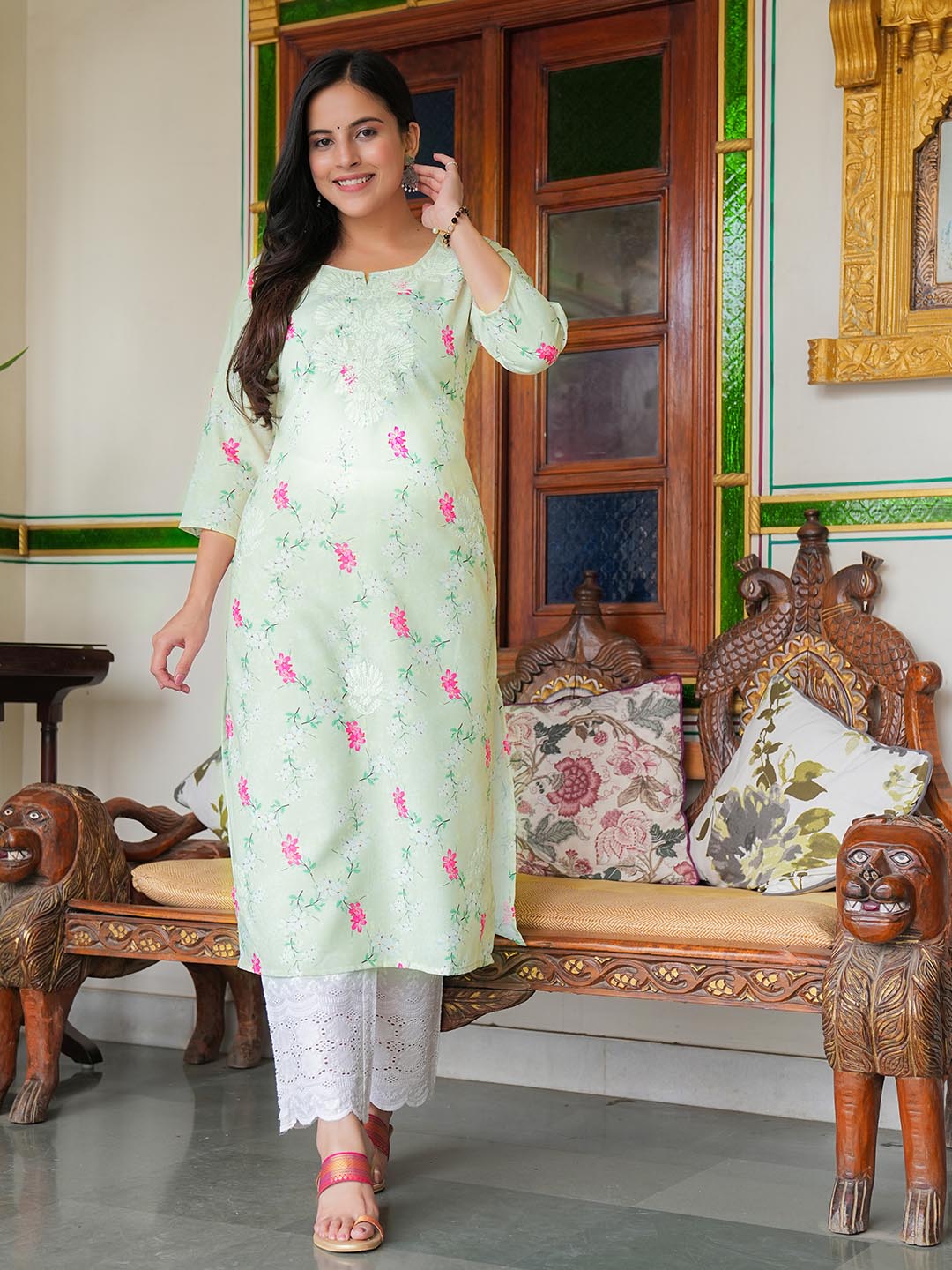 Printed &amp; Neck Embroidered Cotton Kurta With Pants