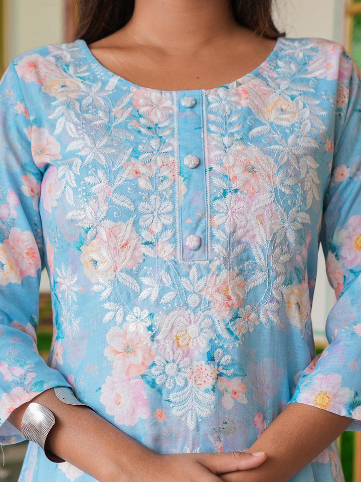 Printed &amp; Neck Embroidered Cotton Kurta With Pants
