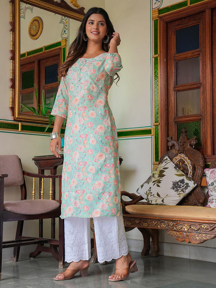 Printed &amp; Neck Embroidered Cotton Kurta With Pants
