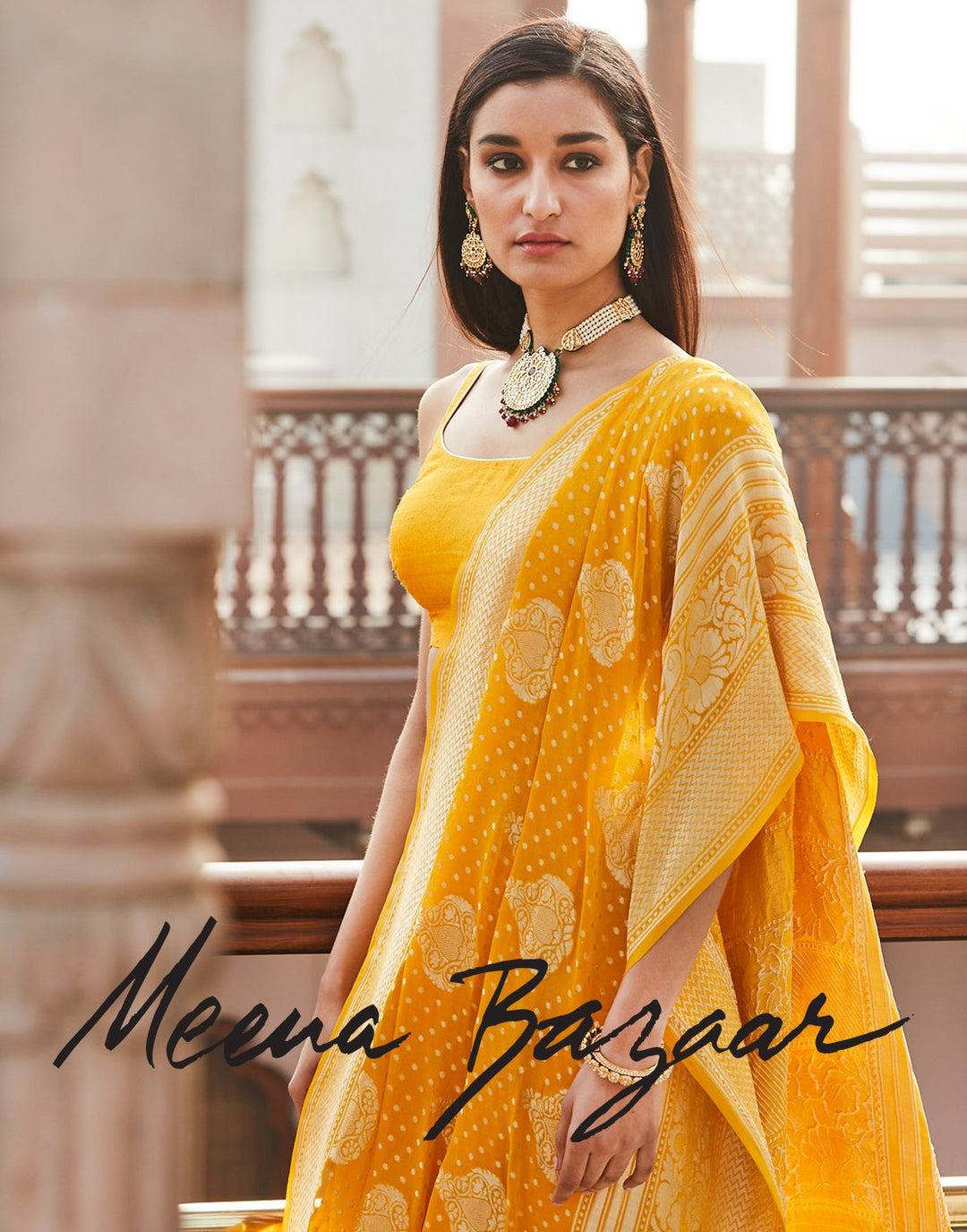 Yellow colour woven saree on georgette fabric