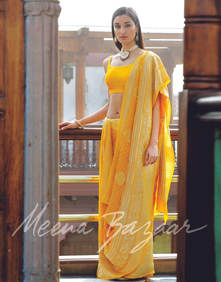 Yellow colour woven saree on georgette fabric