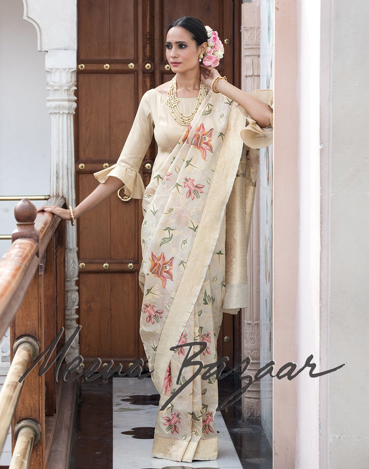 Banarasi tissue saree with self designing floral work