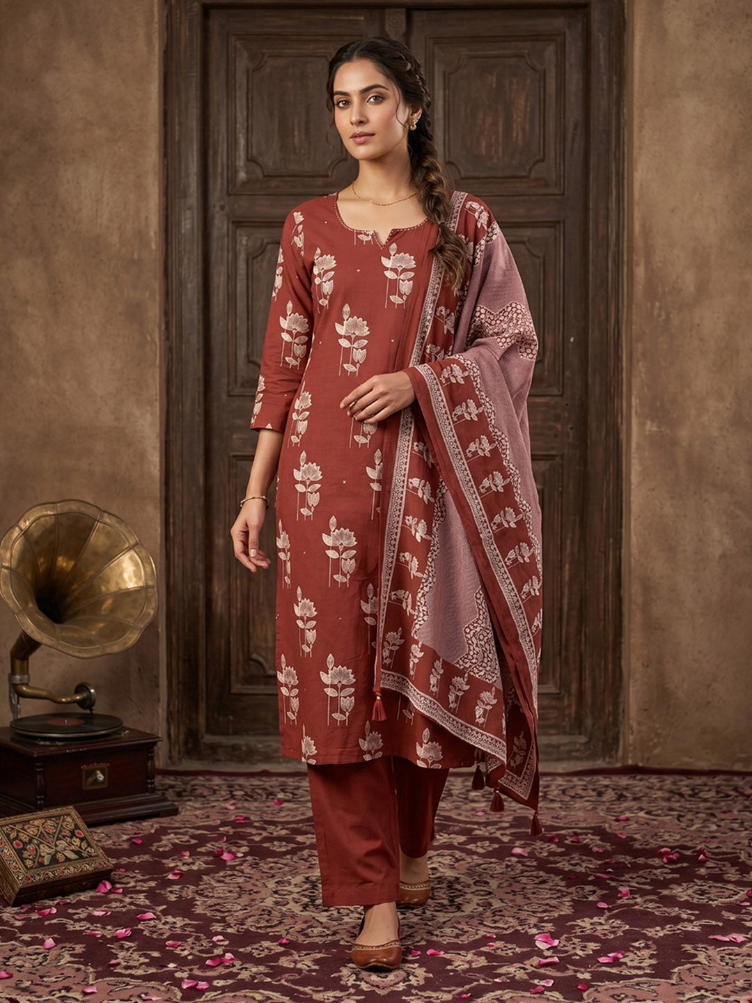 Maroon Cotton Blend Printed Straight Suit Set