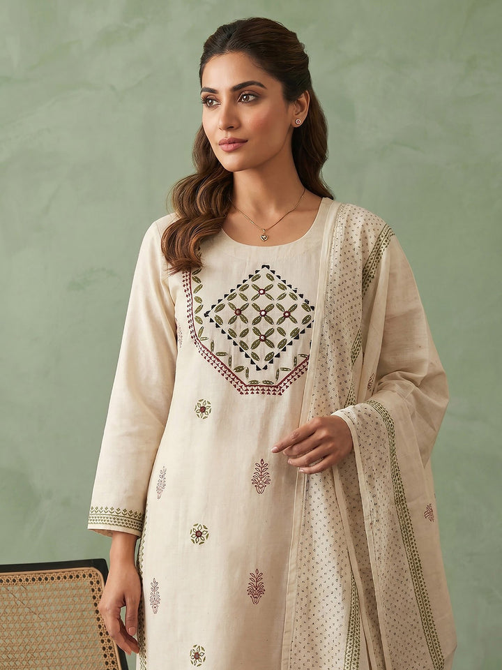 Cream Green Cotton Blend Embroidered Straight Suit Set
