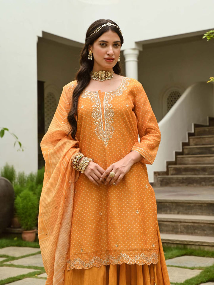 Bandhani Printed Chanderi Kurta With Skirt &amp; Dupatta