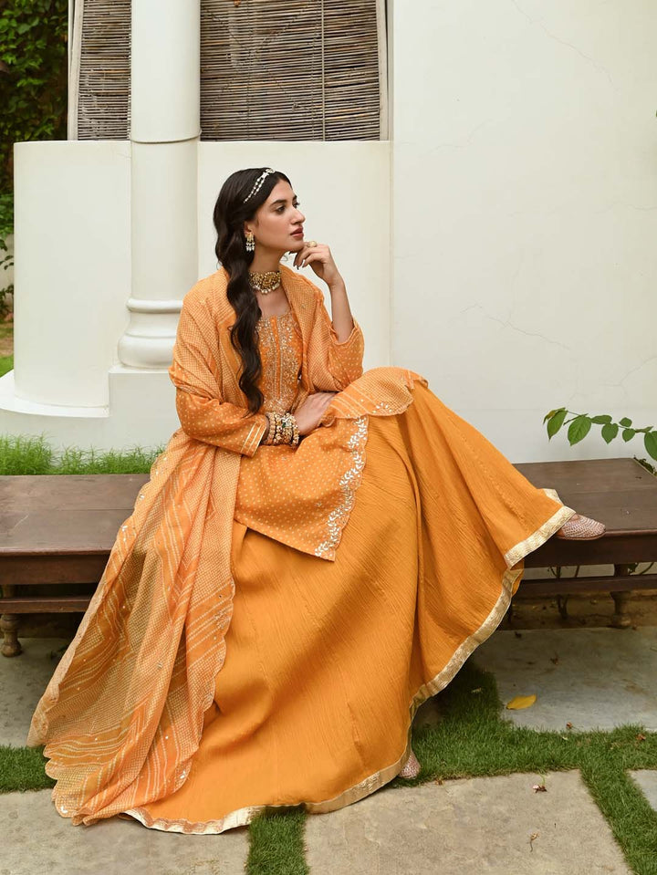 Bandhani Printed Chanderi Kurta With Skirt &amp; Dupatta