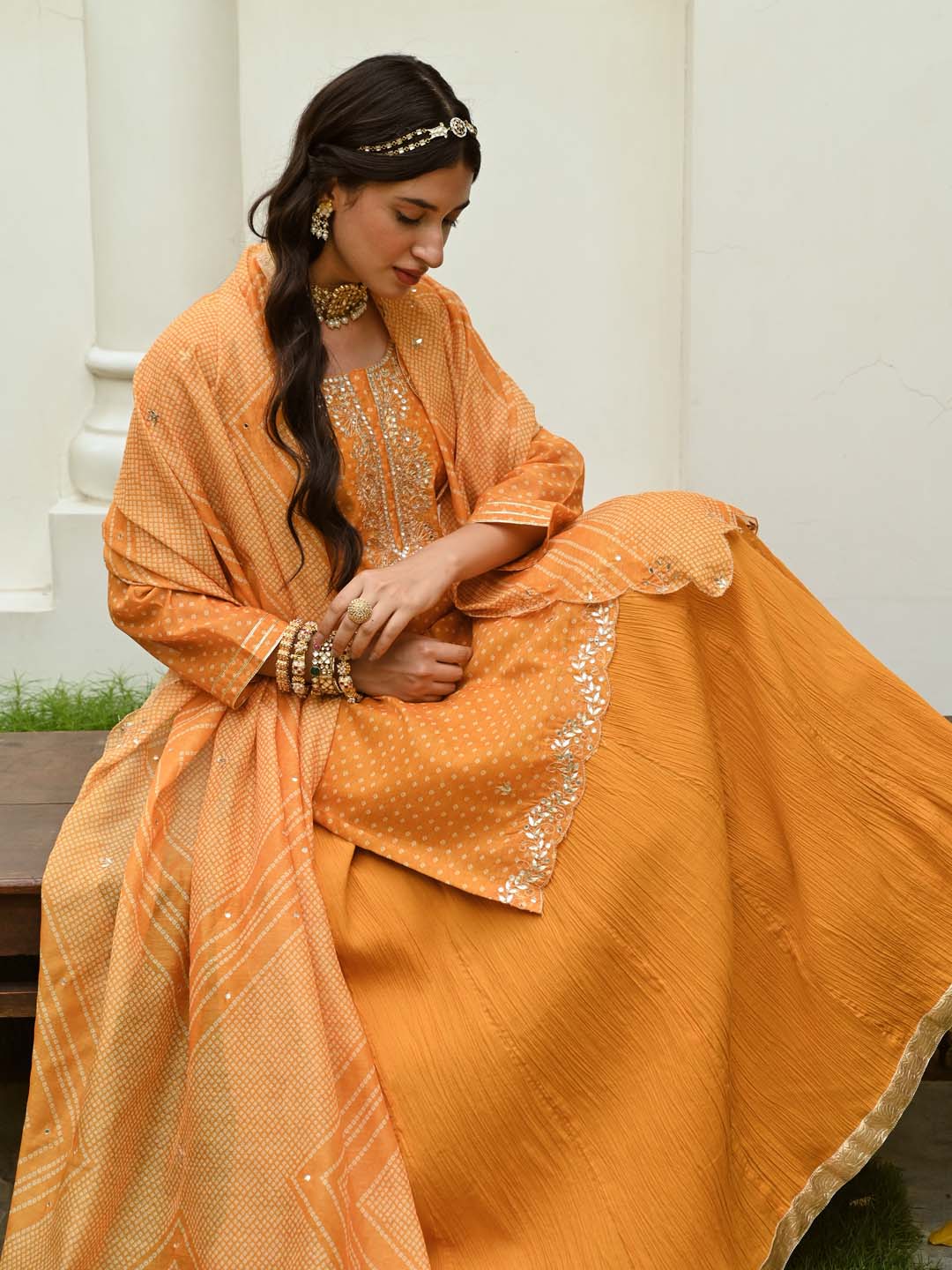 Bandhani Printed Chanderi Kurta With Skirt &amp; Dupatta