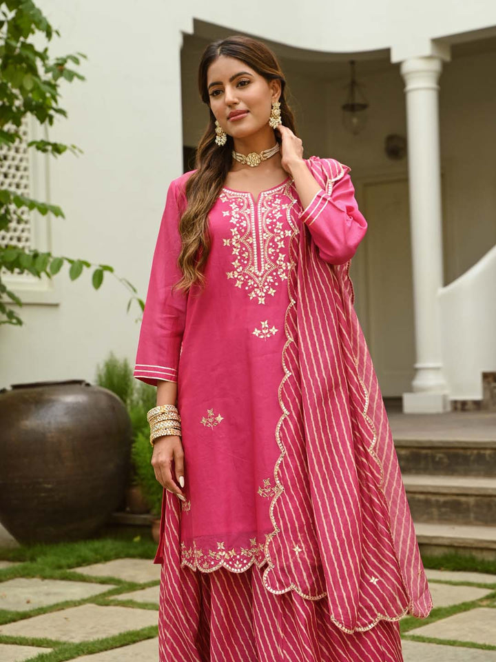Gota Embroidered Chanderi Kurta With Skirt &amp; Dupatta