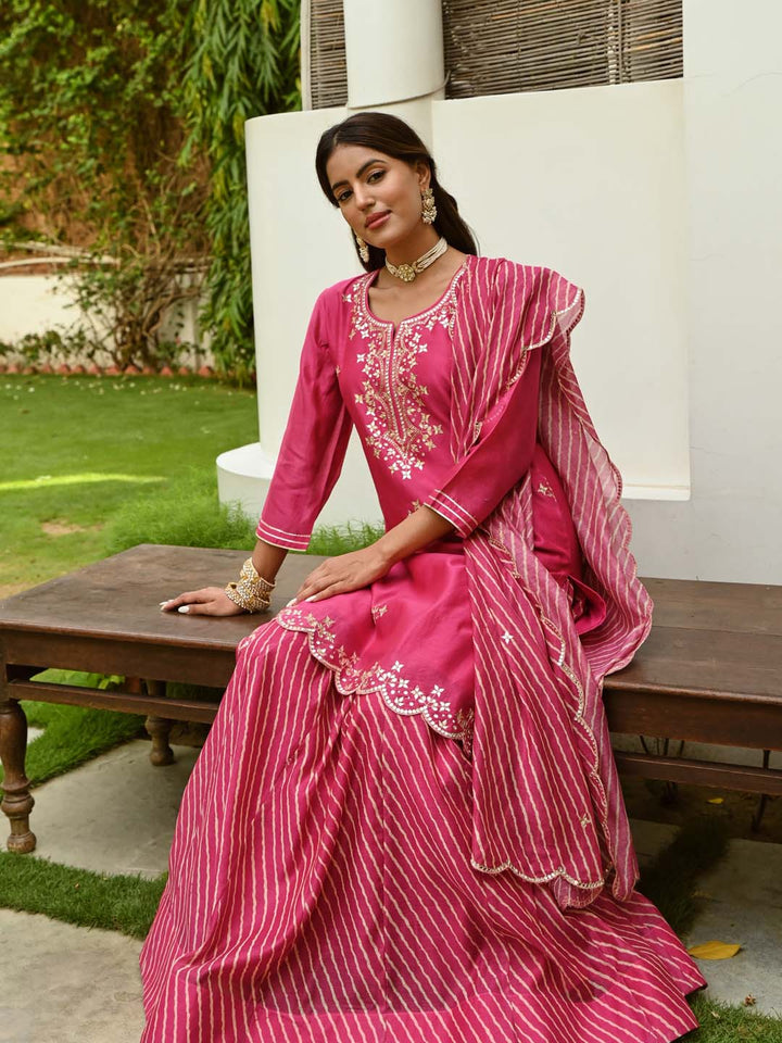 Gota Embroidered Chanderi Kurta With Skirt &amp; Dupatta