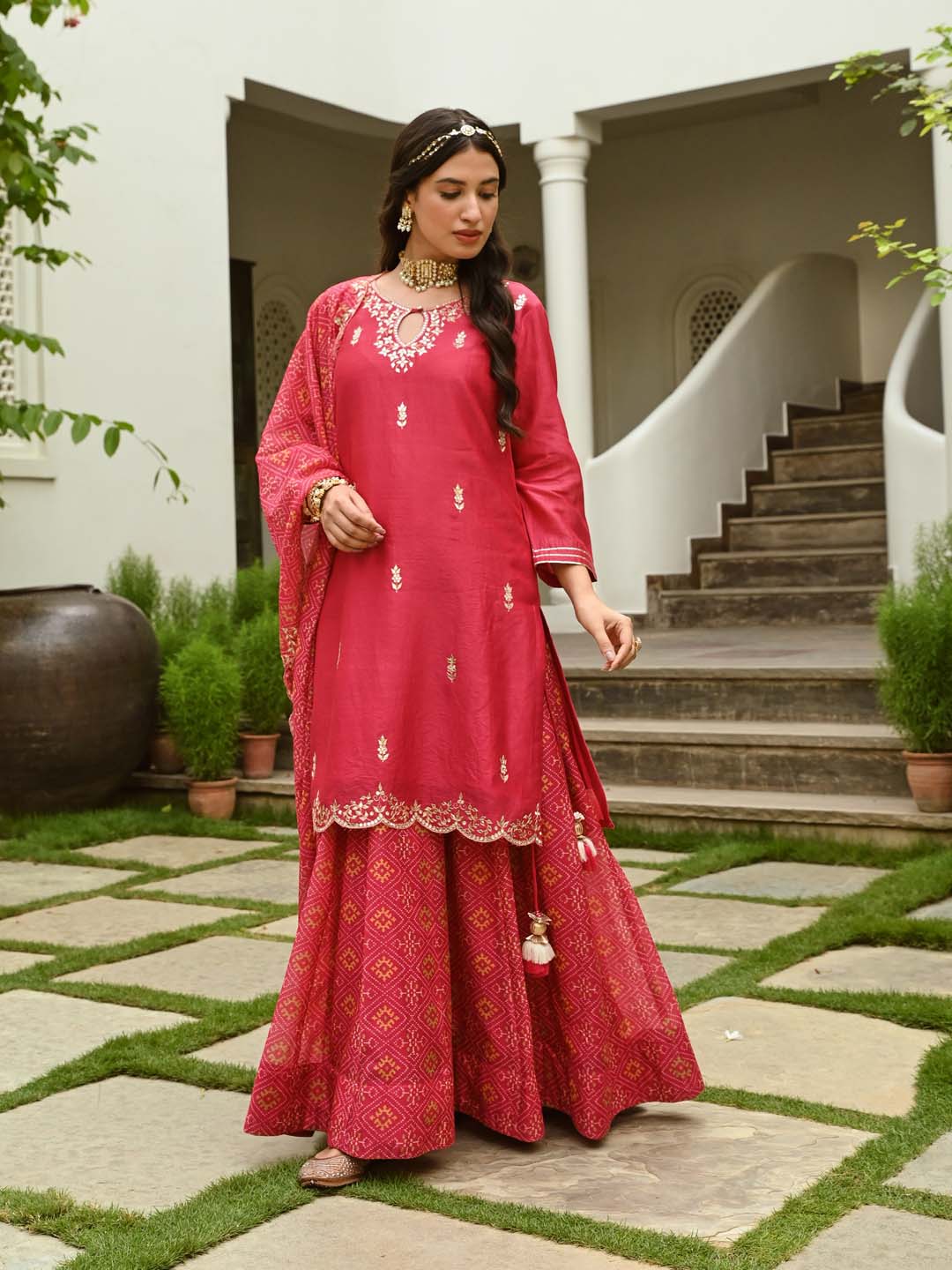 Gota Embroidered Chanderi Kurta With Skirt &amp; Dupatta