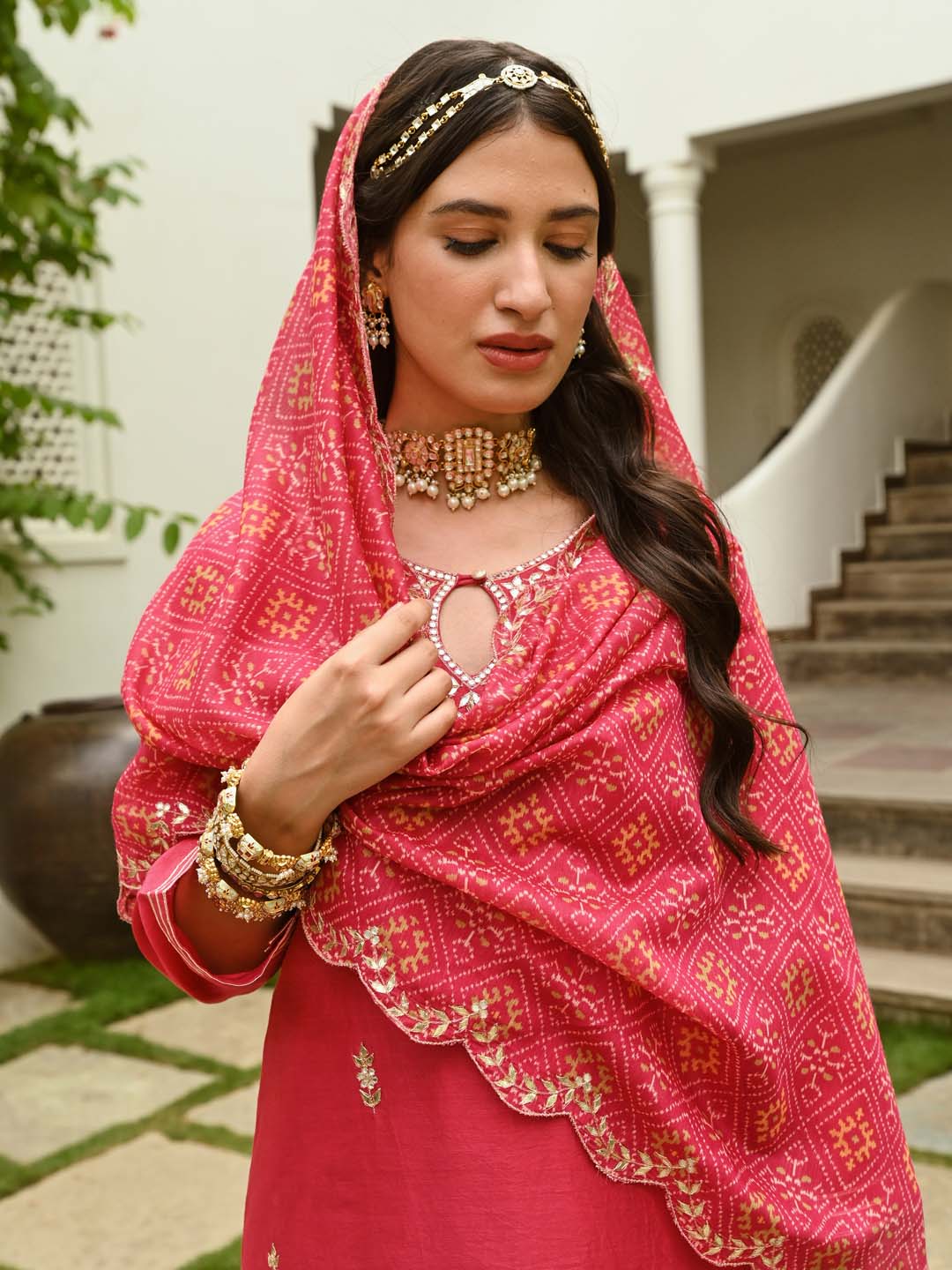 Gota Embroidered Chanderi Kurta With Skirt &amp; Dupatta
