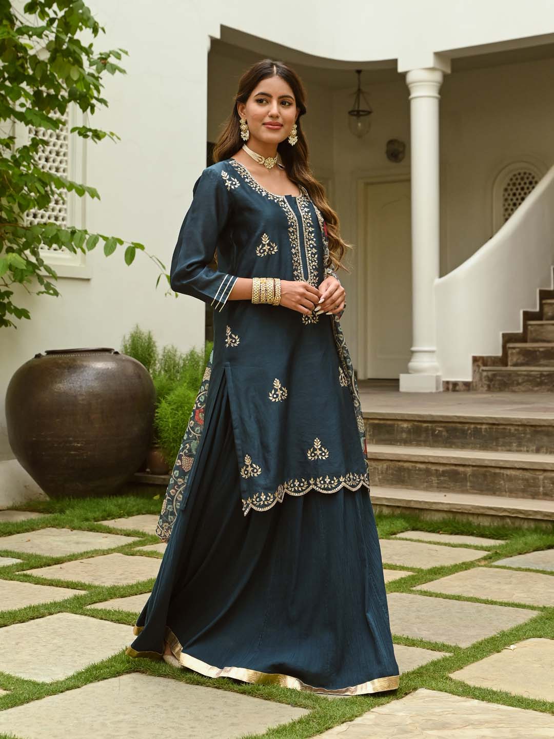 Gota Embroidered Chanderi Kurta With Skirt &amp; Dupatta