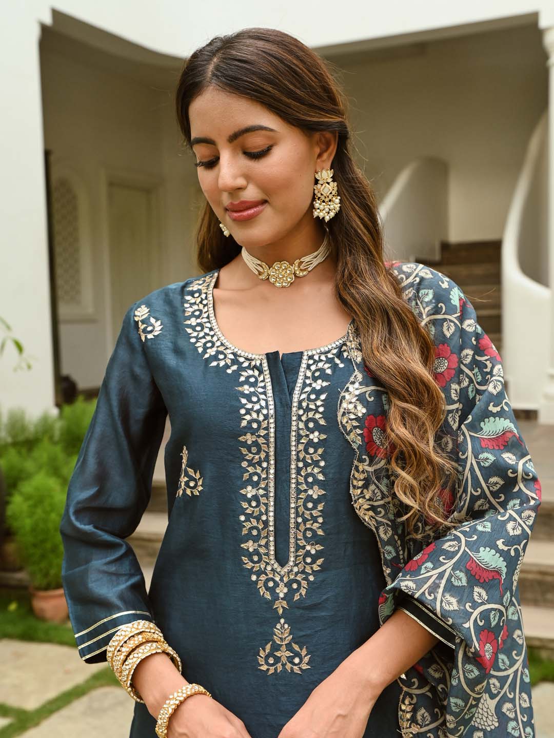 Gota Embroidered Chanderi Kurta With Skirt &amp; Dupatta