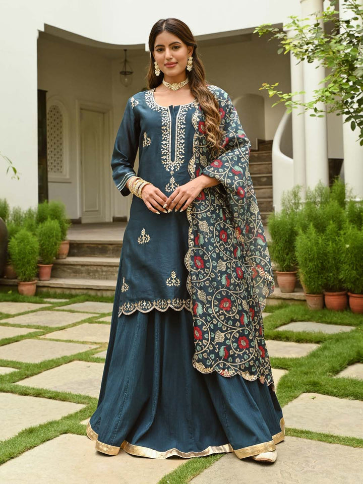 Gota Embroidered Chanderi Kurta With Skirt &amp; Dupatta