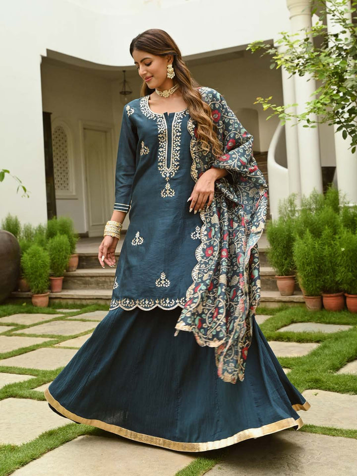 Gota Embroidered Chanderi Kurta With Skirt &amp; Dupatta