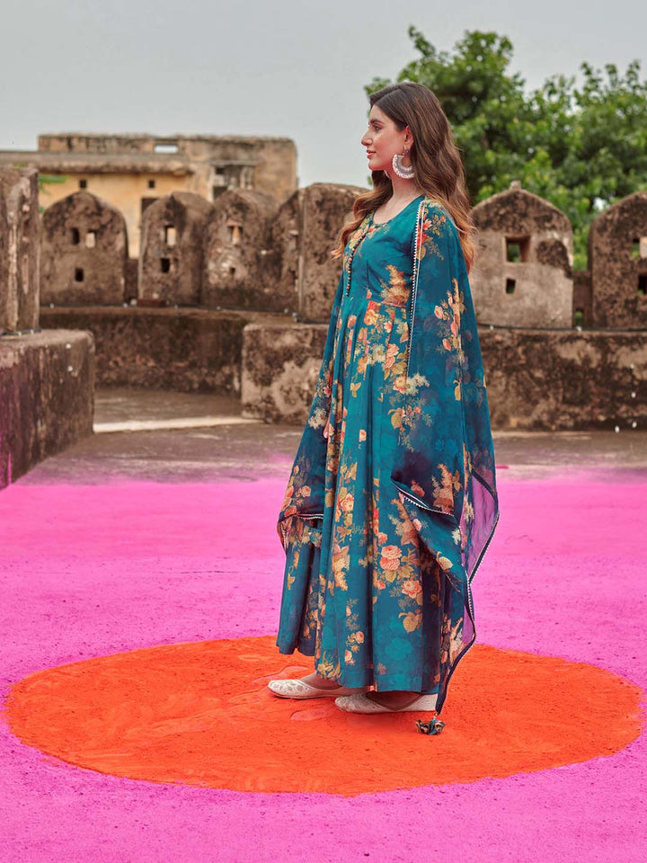 Floral Printed Cotton Kurta With Pants &amp; Dupatta